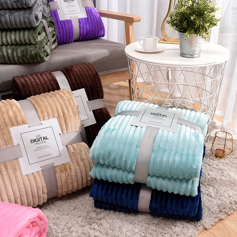 Super Soft Quilted Flannel Blankets For Beds Solid Striped Mink Throw Sofa Cover Bedspread Winter Warm Blankets