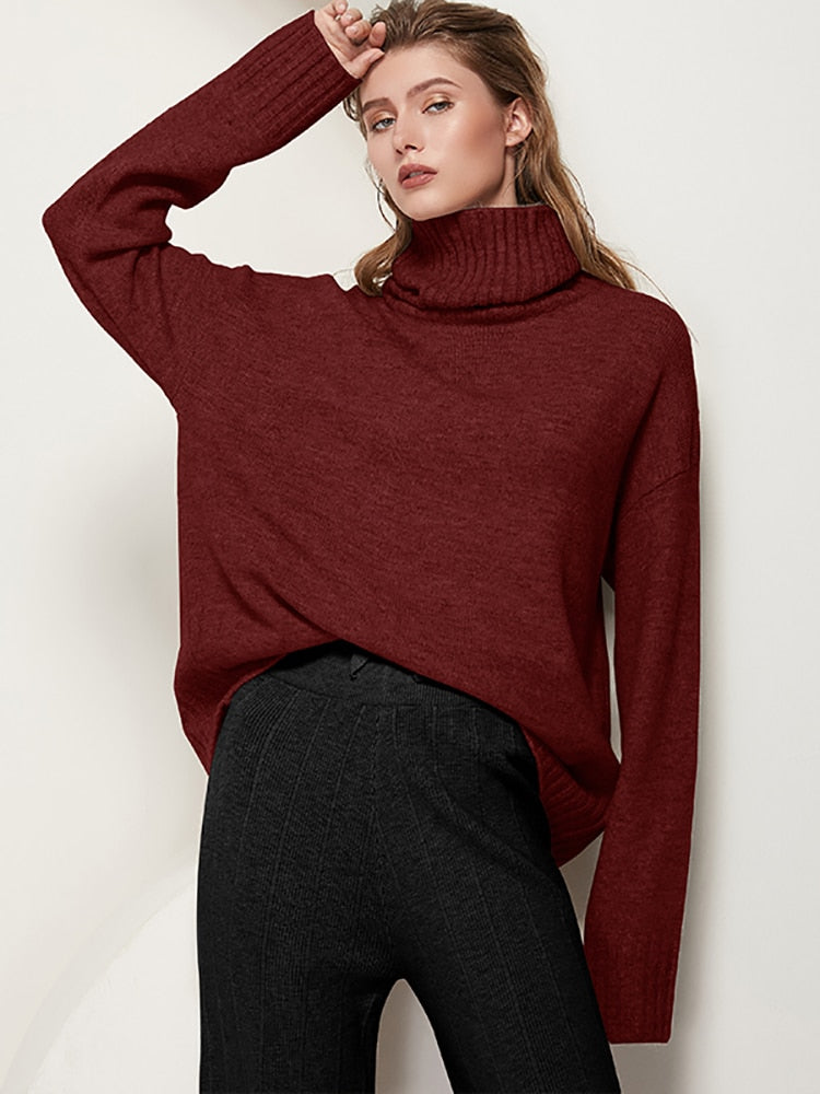 Aachoae Elegant Solid Knitted Two Piece Set Women Turtleneck Batwing Long Sleeve Loose Sweater Full Length Casual Wide Leg Pants