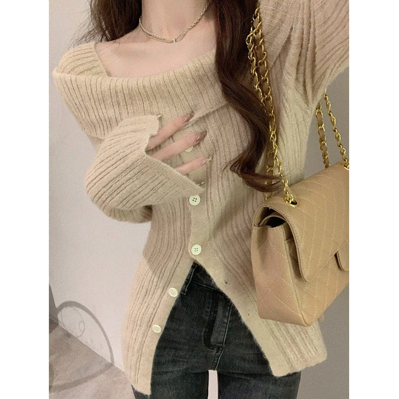 2023 Spring Elegant Knitted Sweater Women Pure Color Y2k Clothing Korea Fashion Long Sleeve Slim Sexy Pullover Female Casual Top