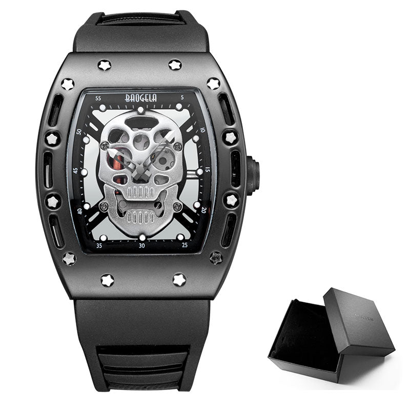 Baogela Moda Hombre Esqueleto Calavera Relojes de cuarzo luminosos Estilo militar Negro Silicona Rectángulo Dial Reloj de pulsera para Man1612