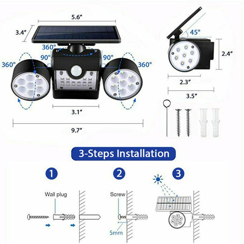 WAKYME 30 LED Solarlicht Wasserdichter PIR-Bewegungssensor Wandleuchte Solarbetriebener verstellbarer Winkel Dual Head Gartenstrahler