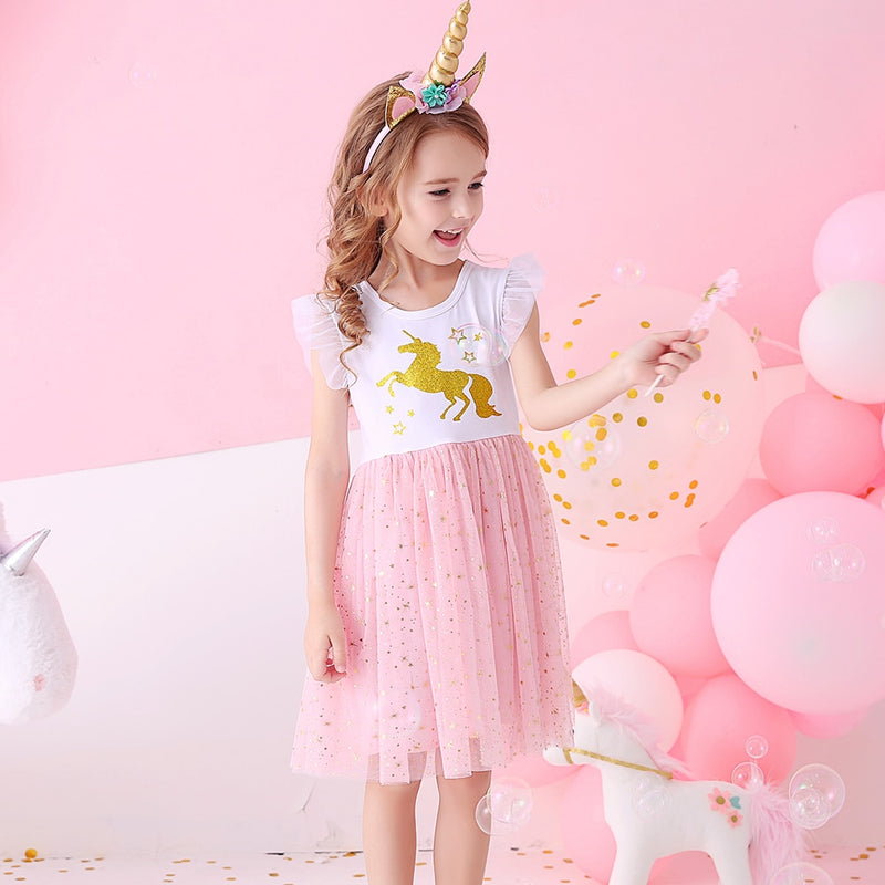 DXTON Mädchen Kleidung für Sommer Prinzessin Kleider Kinder Flare Ärmel Einhorn Druck Kleid Mädchen Party Kleider Kinder Kleidung 3-8 Jahre