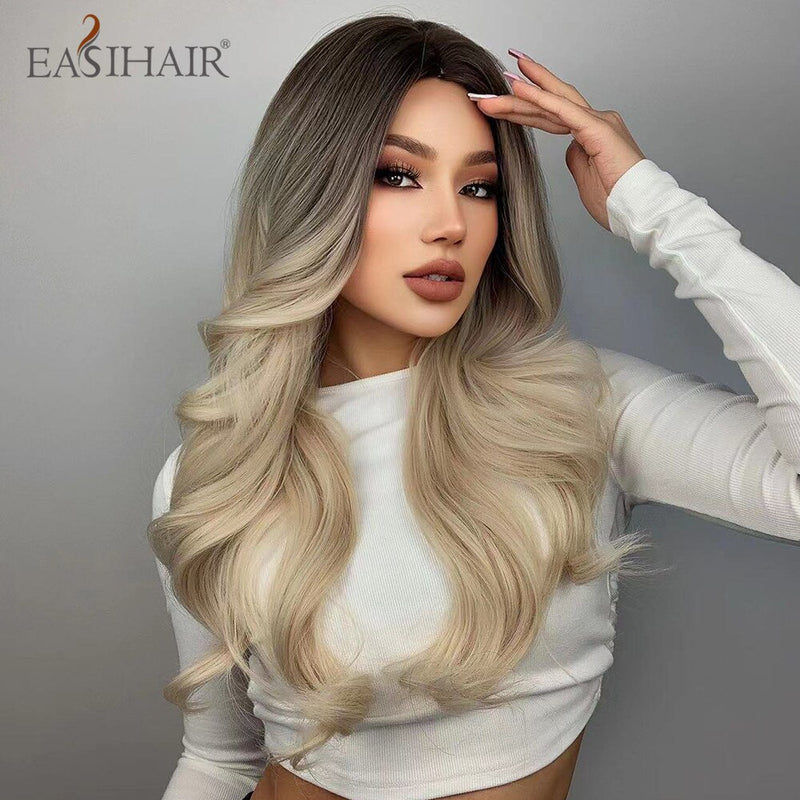 EASIHAIR Lange hellblonde Perücken im Ombré-Stil mit natürlichen Wellen, hitzebeständig, synthetische Perücken, Mittelteil, Cosplay-Perücken für Frauen