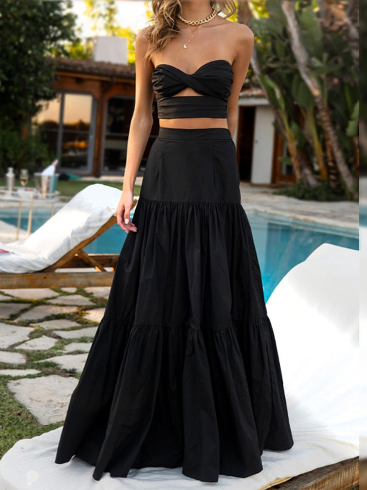 Strapless Crop Tops And A Line High Waist Skirt for Women Summer Wear Ruffled Pleated Sleeveless