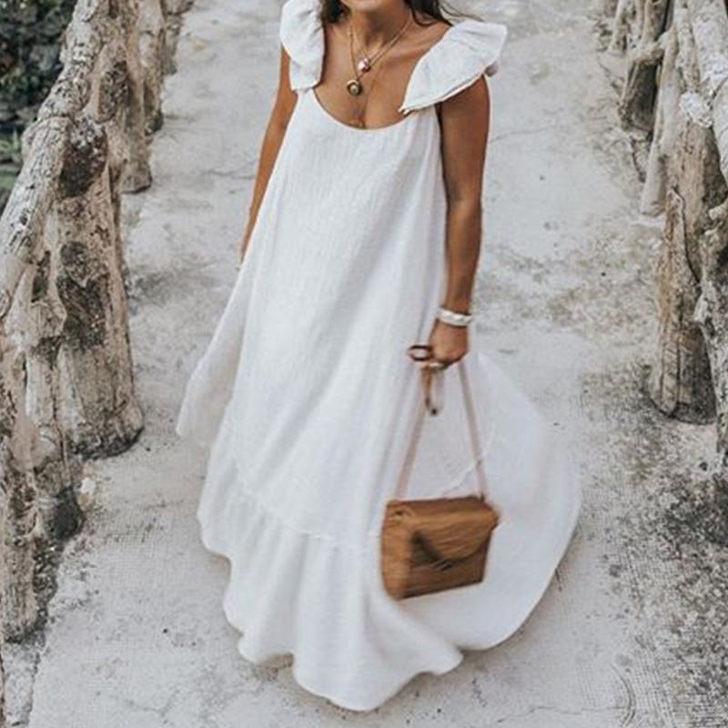 Celmia bohemio blanco Maxi vestido 2022 verano Casual volantes manga corta cuello redondo plisado vestido largo fino playa Vestidos de gran tamaño