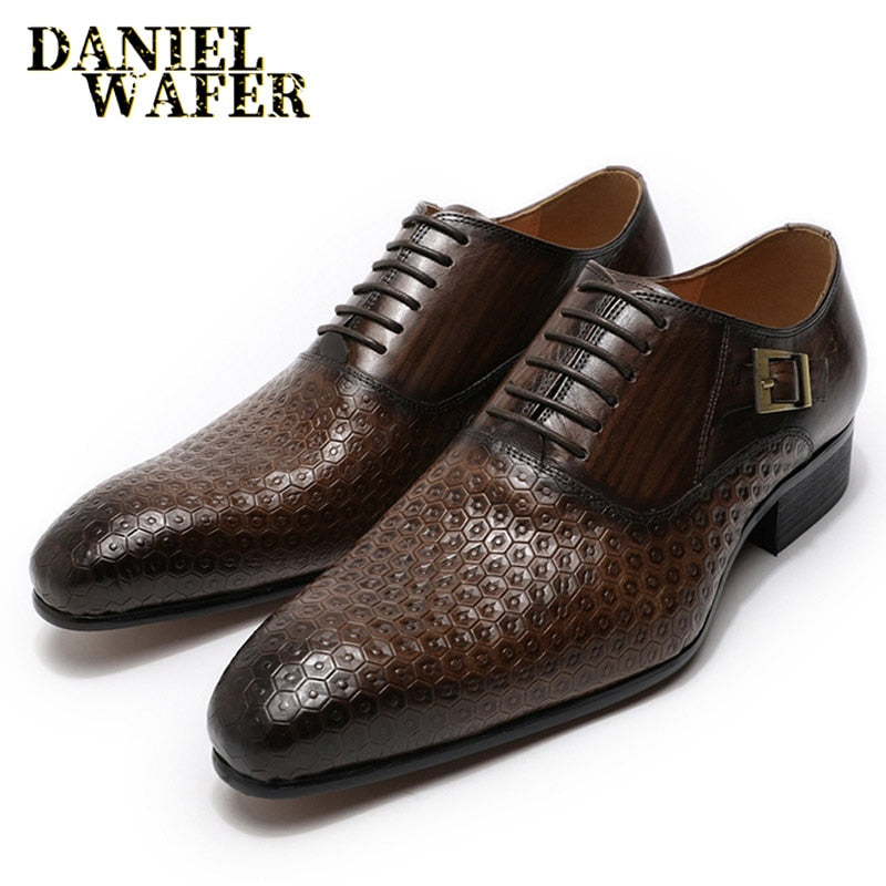 Zapatos de hombre Daniel Wafer de lujo de cuero genuino con estampados geométricos para oficina, boda, hombre, zapatos Oxford formales con cordones negros y punta estrecha