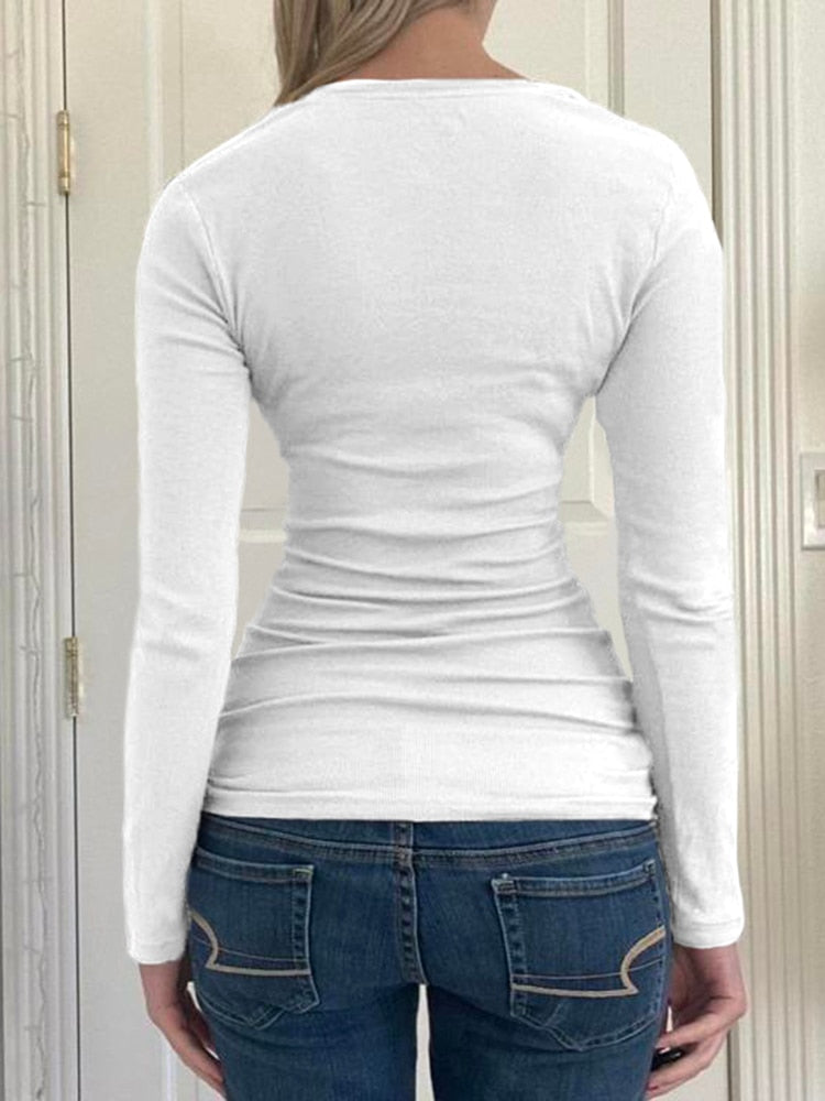 Rapwriter Casual Wave Line Ribbed V-Neck Long Sleeve Crop Top Basic Solid T-Shirt Girl 2023 Streetwear Stretch Tee Shirt femme