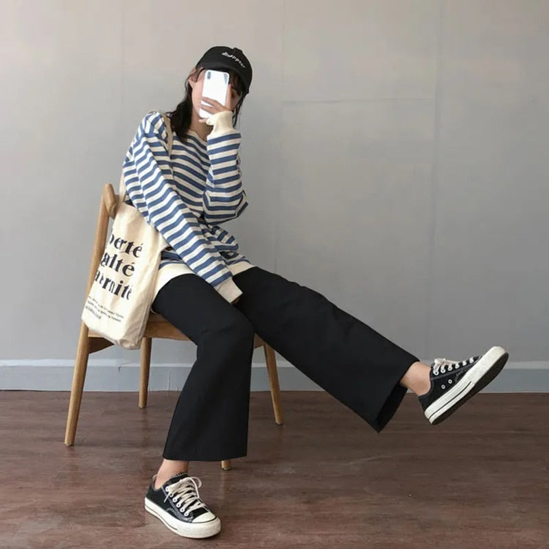 Cusual Pants Damen Frühling Sommer knöchellang Lose Weites Bein Elastisch Hohe Taille Oversize Schwarz Einfach Bequem Elegant Damen