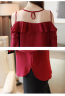 Beiläufige schulterfreie Oberteile Solide Langarm-Chiffon-Bluse Blusas Mujer De Moda 2022 Herbst-Frauen-Oberteile und Bluse 6756 50