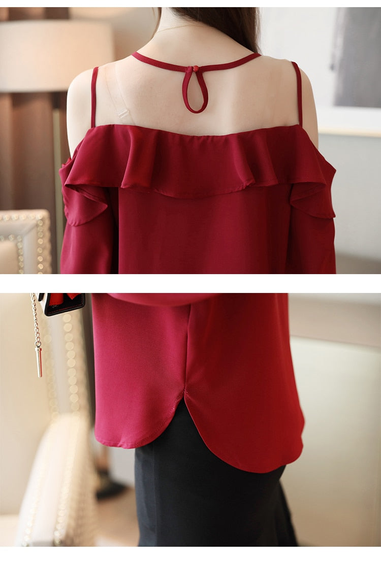 Beiläufige schulterfreie Oberteile Solide Langarm-Chiffon-Bluse Blusas Mujer De Moda 2022 Herbst-Frauen-Oberteile und Bluse 6756 50