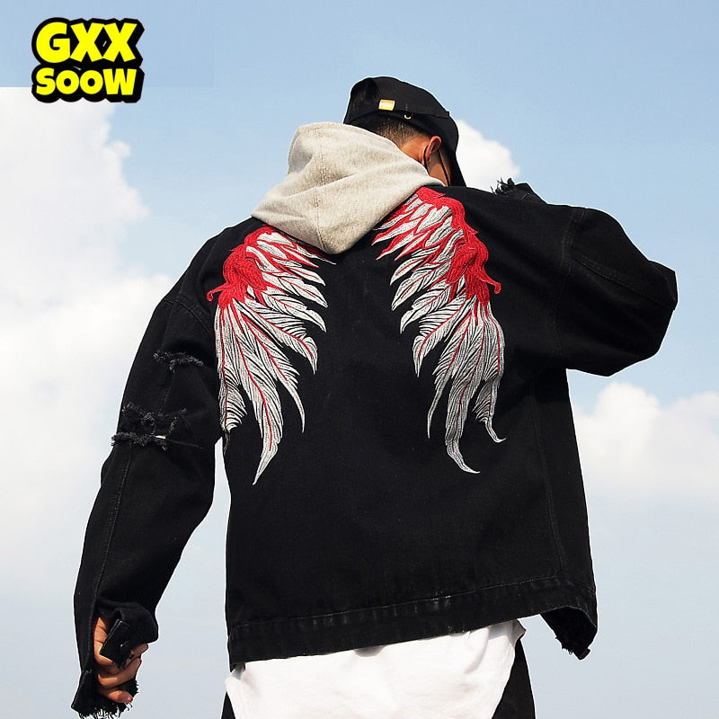 Men Brand Black Hole Distressed Denim Jackets Mens High Street Wing Embroidery Jeans Jacket Coat Men Hip Hop Streetwear GW359