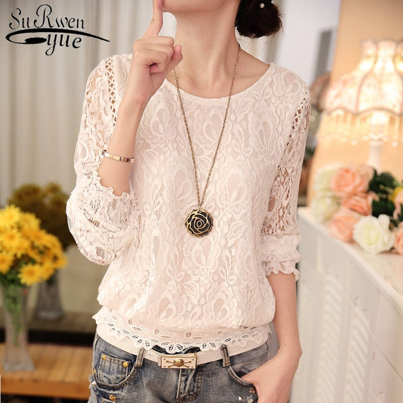 2022 Fashion Summer White Lace Women&#39;s Clothing Long Sleeve Chiffon Women Shirts Blouses Blusas Black Women&#39;s Tops Blouse 51C