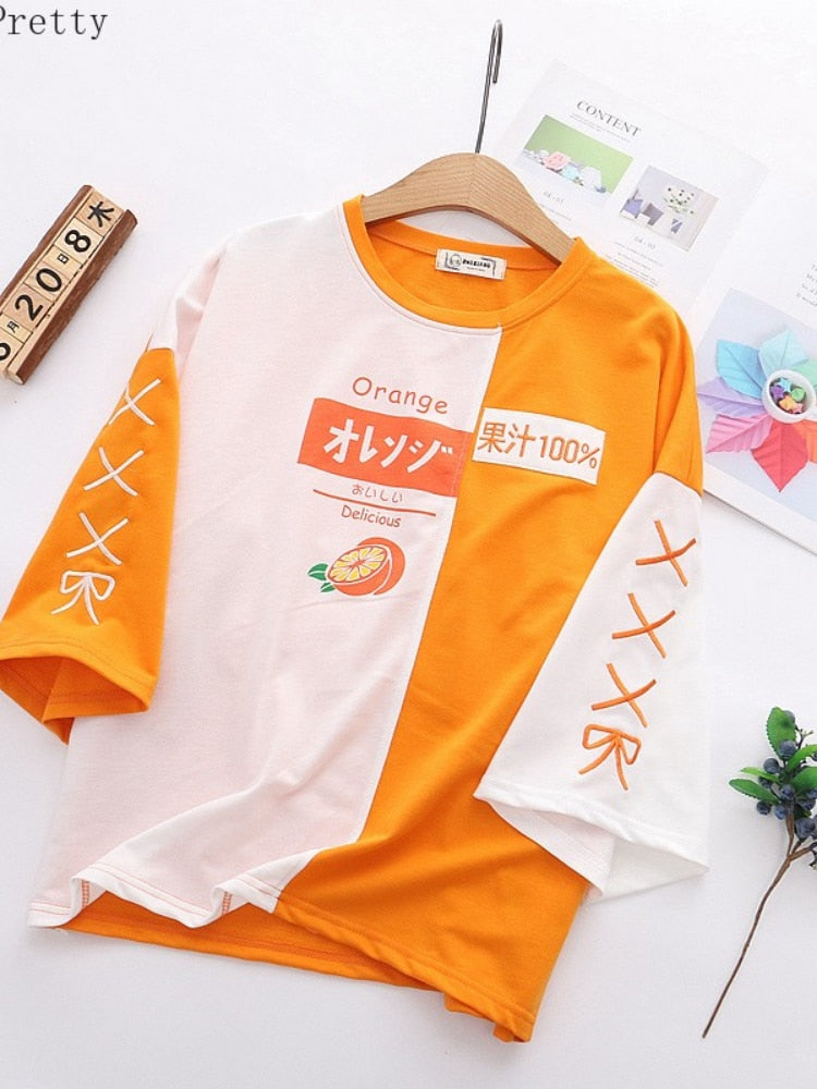 Korean Fashion Summer Women T-shirt Kawaii Clothes Orange Embroidery Patchwork Short Sleeve Cotton T Shirt Cute Sweet Girls Tops