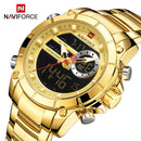 NAVIFORCE Luxus Original Herren Sport Armbanduhr Gold Quarz Stahl Wasserdicht Dual Display Uhr Uhren Relogio Masculino 9163