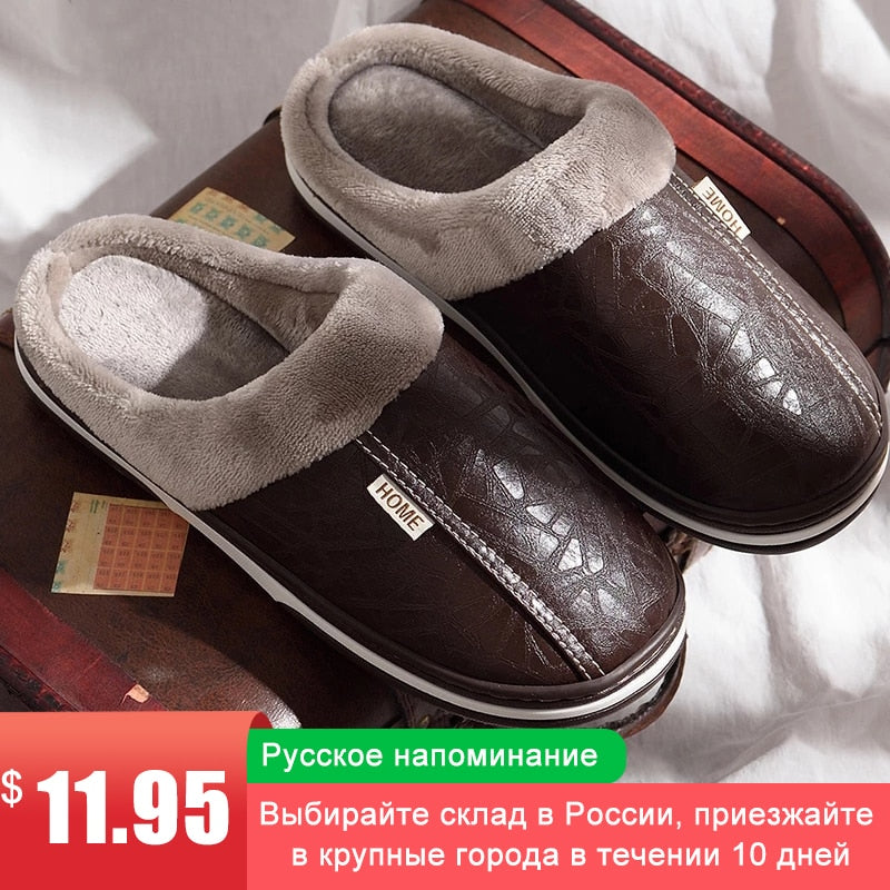 Herrenschuhe 2021 Home Slippers Herren Leder Memory Foam Indoor Hausschuhe für Herren Rutschfeste Warme Winterhaus Erwachsene Pantoffel Plüsch