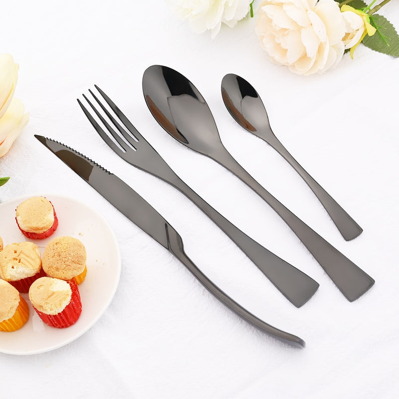 24 Pcs Shiny Black Dinnerware Cutlery Set Stainless Steel Sharp Steak Dinner Knives Forks Scoops Tableware Silverware Set