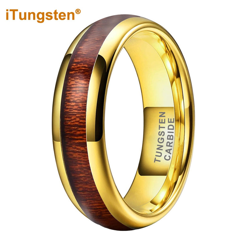 iTungsten 6mm 8mm Gold Plated Tungsten Ring for Men Women Engagement Wedding Band Fashion Jewelry Koa Wood Inlay Comfort Fit