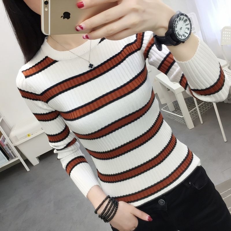 Autumn Sweater 202 Long Sleeve Color Contrast Stripe Versatile O Neck Knitted Sweater Fashion Slim Undercoat Pullover Women