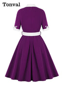 Tonval Green Contrast Bow Neck and Cuff Vintage Belted Dress Half Sleeve Herbst Damen Fit and Flare Retro Swing Kleider