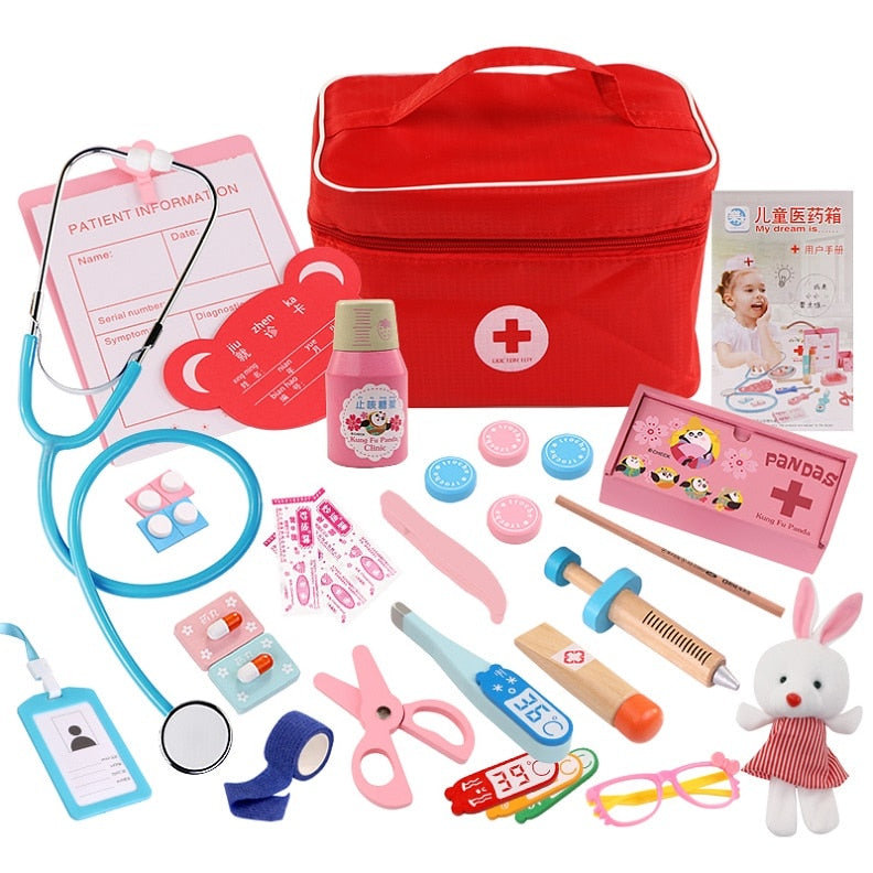 Juego de juguetes de doctor para niños, juego de simulación de madera para niños, juegos para niñas y niños, caja de medicina roja para dentista, bolsas de tela