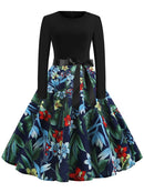 Winter Christmas Dresses Women 50S 60S Vintage Robe Swing Pinup Elegant Party Dress Long Sleeve Casual Print Black