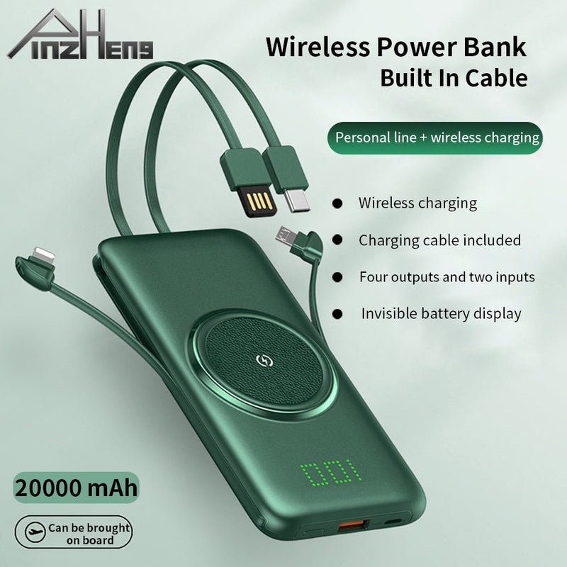 PINZHENG 20000 mAh Wireless Charger Power Bank Eingebaute 4 Kabel 10000 mAh Powerbank Tragbares externes Ladegerät für iPhone