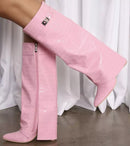 Ins Hot Spring Winter Great Quality Crocodile Print Upper Shoes Booty Knee High Pointy Toe Overlay Side Zip Damenstiefel 43