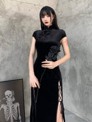 InsGoth Retro Cheongsam Schwarzes Kleid Gothic High Waist Bandage Patchwork Midikleid Frauen Elegantes, figurbetontes, kurzärmliges Partykleid