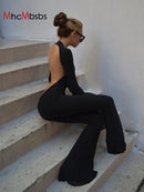 Frauen Schwarz Stretchy Bodycon Overalls Sexy Rückenfreier O-Ausschnitt Slim Flare Pants One Piece Strampler 2022 Casual Night Prom Overalls
