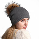 Herbst Winter Bommel Beanie Hut Frauen Wolle Gestrickte Skullies Beanies Lässige Weibliche Kaschmirmütze Echter Waschbärpelz Bommelmütze