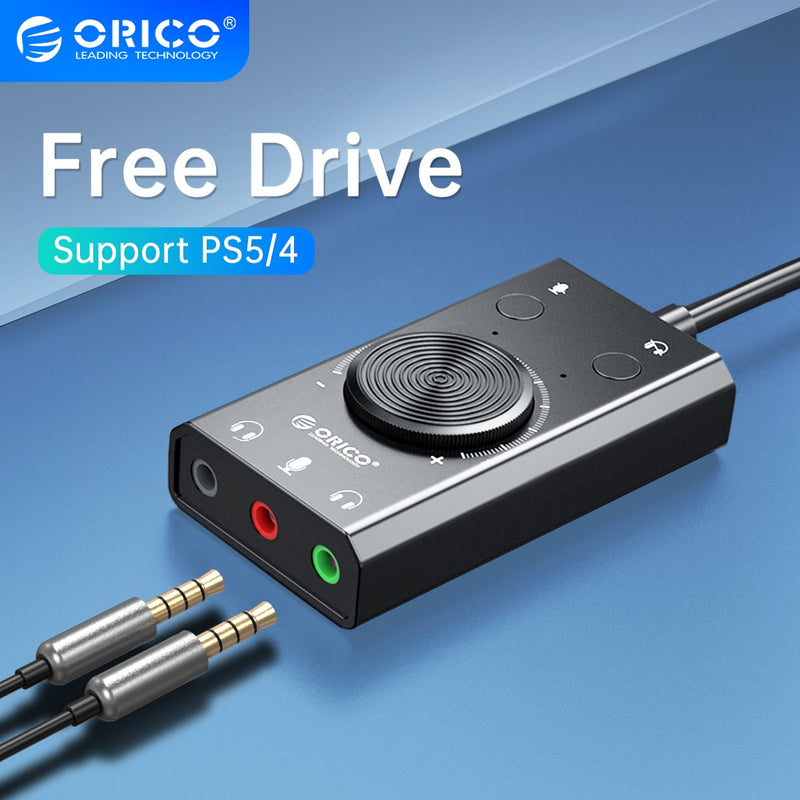 ORICO Externe USB-Soundkarte Stereo-Mikrofon Lautsprecher Headset Audio-Buchse 3,5-mm-Kabeladapter Stummschalter Lautstärkeregelung Free Drive