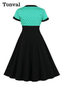 Tonval Two Tone Sweetheart Neck Button Front Vintage Party Dresses Women Pinup Retro Polka Dot A Line Summer Swing Dress