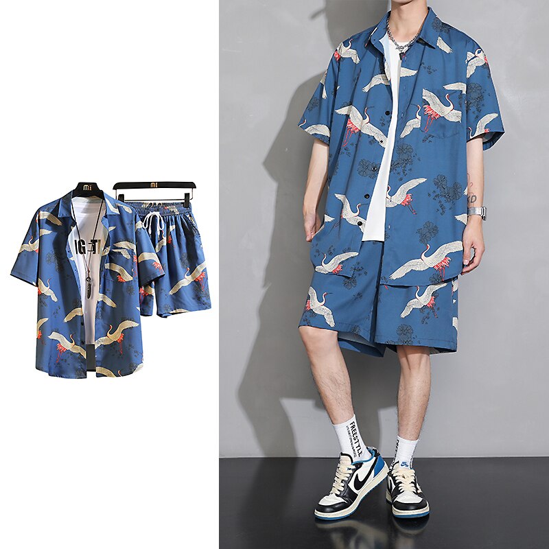 LAPPSTER Y2k, camisas con estampado de grullas, chándales Harajuku, camisas de manga corta con botones Vintage de verano 2022, conjunto de traje coreano, pantalones cortos