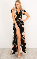 2022 Summer Short Sleeved Long Dress V-neck Split Print Fashion Retro Tiktok Consignment Rayon Robe for Women Party Wedding