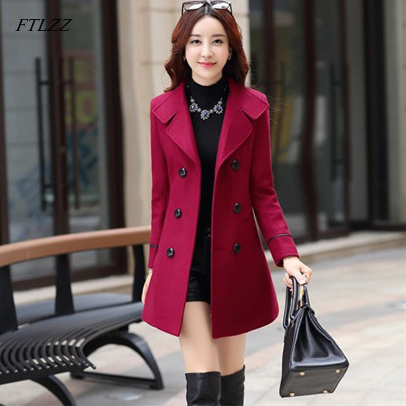 FTLZZ Women Wool Blend Warm Long Coat Size Female Slim Fit Lapel Woolen Overcoat Autumn Winter  Cashmere Outerwear