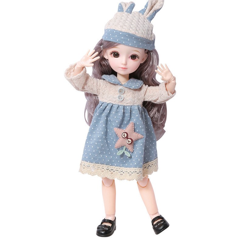 New 12 Inch 22 Movable Joints BJD Doll 31cm 1/6 Makeup Dress Up Cute Brown Blue Eyeball Dolls with Fashion Dress for Girls Toy