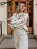 Aproms Korean Fashion Khaki Stripes Print Loose Sweaters Women Winter Hip-Pop Long Pullovers Streetwear Outerwear 2022