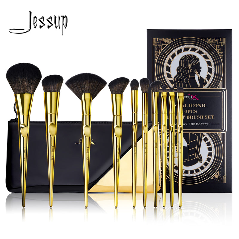 Juego de brochas de maquillaje Jessup, 10 Uds., polvo básico, sombra de ojos, contorno, base, delineador, Kit de brochas para cejas, pelo sintético dorado Vintage