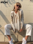 Aproms Korean Fashion Khaki Stripes Print Loose Sweaters Women Winter Hip-Pop Long Pullovers Streetwear Outerwear 2022