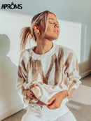 Aproms Korean Fashion Khaki Stripes Print Loose Sweaters Women Winter Hip-Pop Long Pullovers Streetwear Outerwear 2022