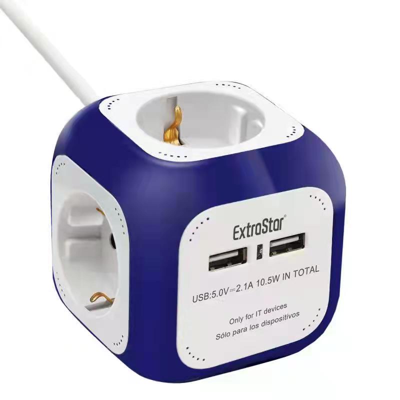 ExtraStar®Power Cube Cable 1.5 m Power Strip 4 Outputs, with 2 for USB charging 5V/2.1A, white/blue/red/mixed