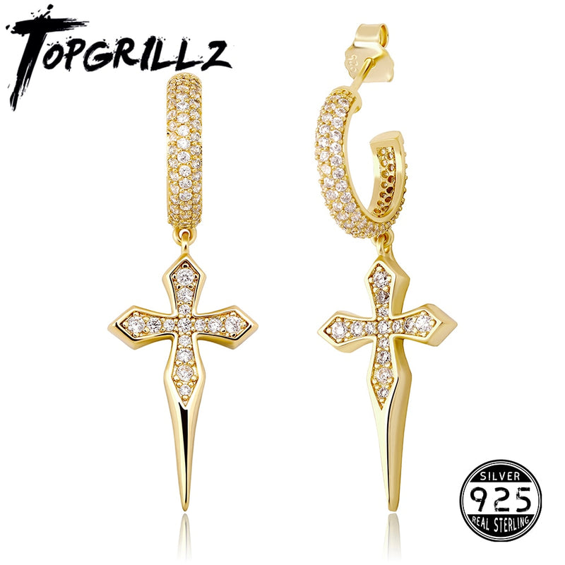 TOPGRILLZ 925 pendientes de cruz de plata esterlina de alta calidad Iced Out Cubic Zirconia Hip Hop Cross Hoop pendientes para mujer regalo