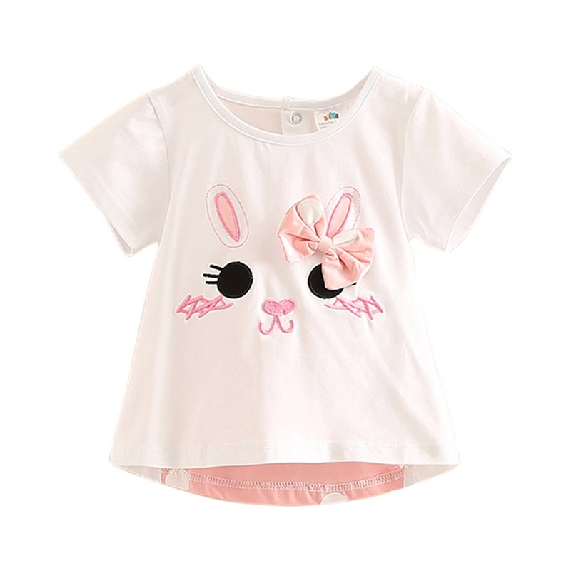 Kinderkleidung 2021 Sommer 100% Baumwolle Weiß Rosa Cartoon Katze Punkt Bowknot Patchwork Kurzarm T-Shirt mit O-Ausschnitt für Mädchen