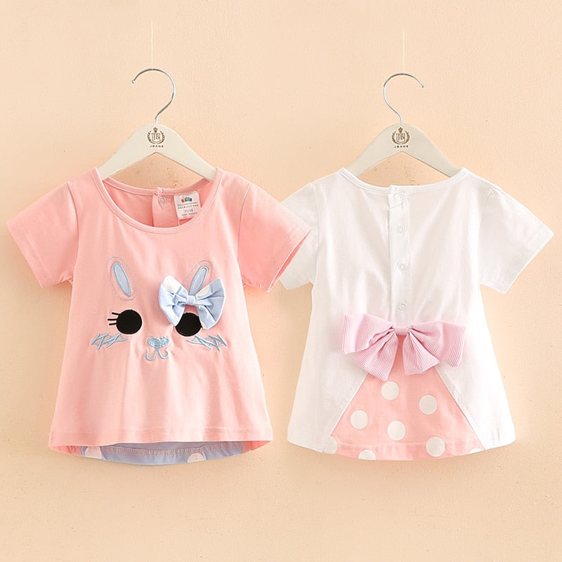 Kids Clothes 2021 Summer 100% Cotton White Pink Cartoon Cat Dot Bowknot Patchwork Short Sleeve O-Neck T-Shirt For Girls