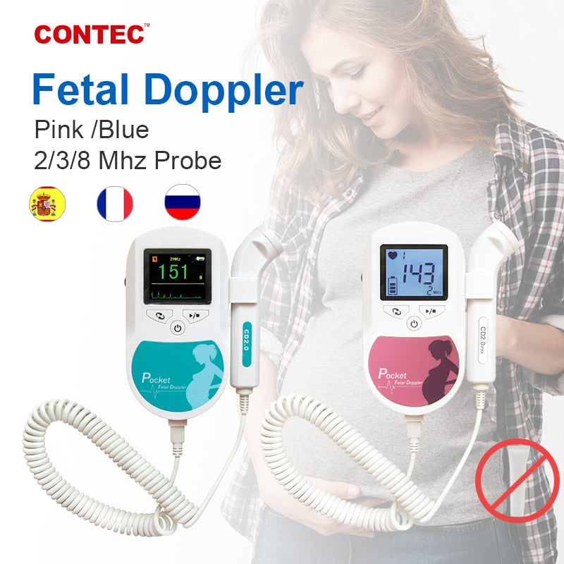 CONTEC Fetal Doppler Heart Beat Monitor retroiluminación LCD Color rosa con 2Mhz 3mhz 8Mhz sonda Baby Heart Beat Monitor sonda