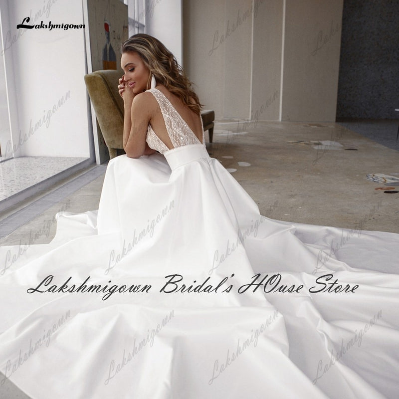 Lakshmigown Robe Satin Boho Hochzeitskleid 2022 Vestidos V-Ausschnitt Pailletten Perlen Sexy Brautempfang Hochzeitskleider Offener Rücken