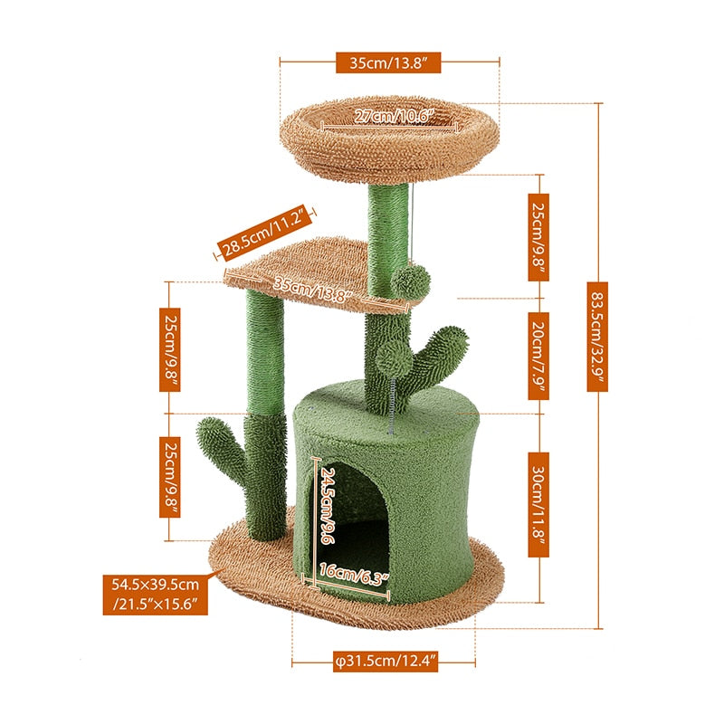 H90.5CM Cactus Cat Tree con rascador de sisal natural para gatos Perch Condo Kitty Play House rascador gato arbre à chat