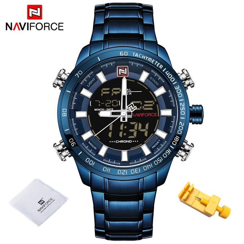 NAVIFORCE Luxury Brand Mens Watches Military Sport Digital Quartz WristWatch For Men Stainless Steel Waterproof Big Clock Male