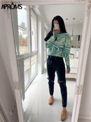Aproms Elegant Green Tie Dye Knitted Sweater and Pullovers Women 2022 Winter Long Sleeve Warm Ribbed Jumper Female Slim Top