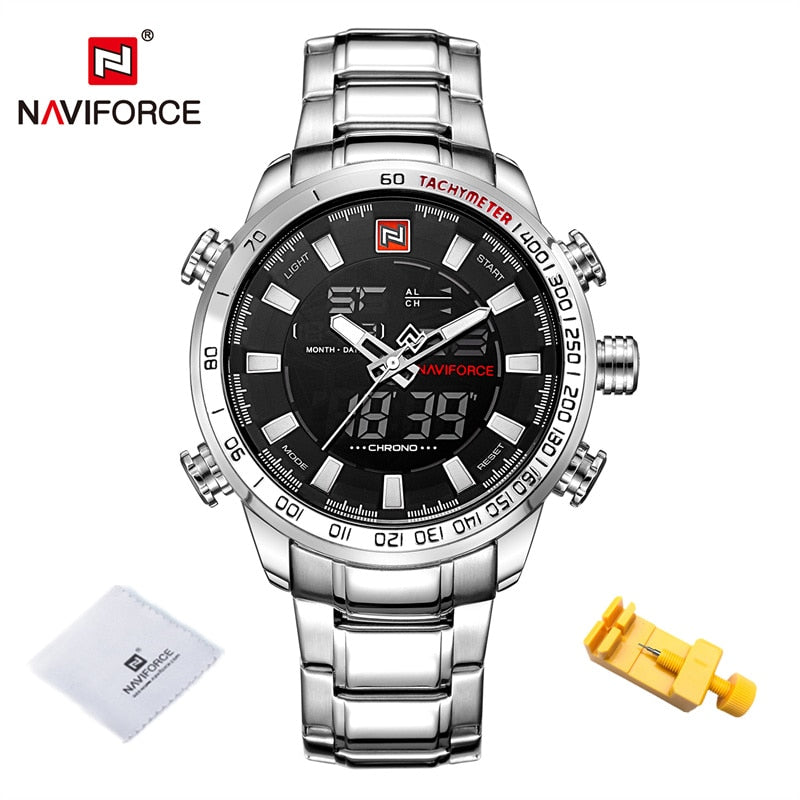 NAVIFORCE Luxury Brand Mens Watches Military Sport Digital Quartz WristWatch For Men Stainless Steel Waterproof Big Clock Male